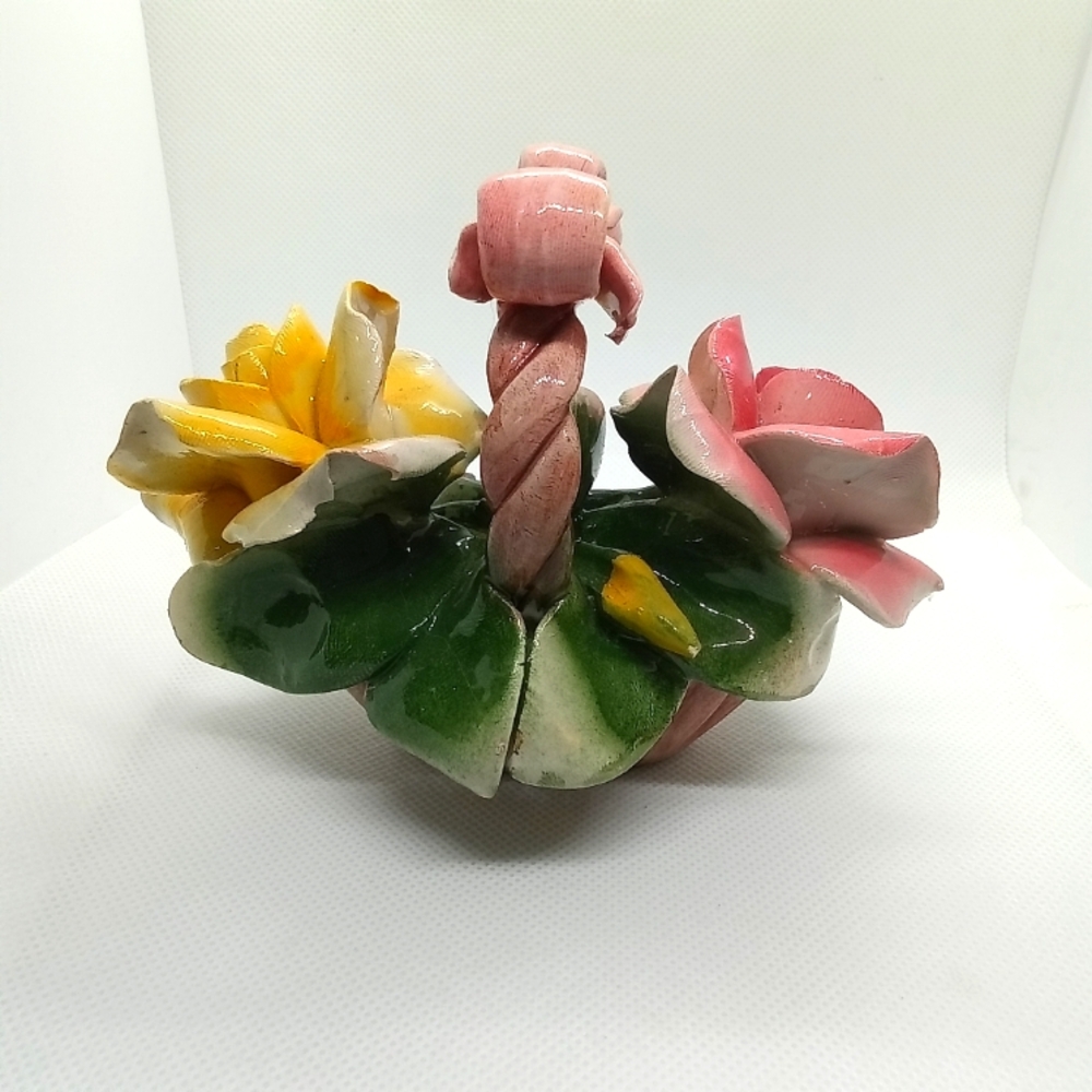 Vintage Crown Nuova Capodimonte Handled Molded Pink&Yellow Rose Pink Bow Italy